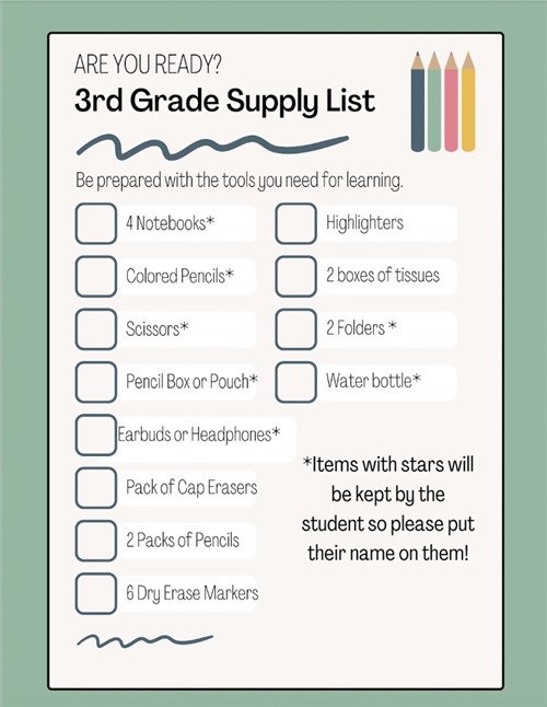 3rd Grade Supply List